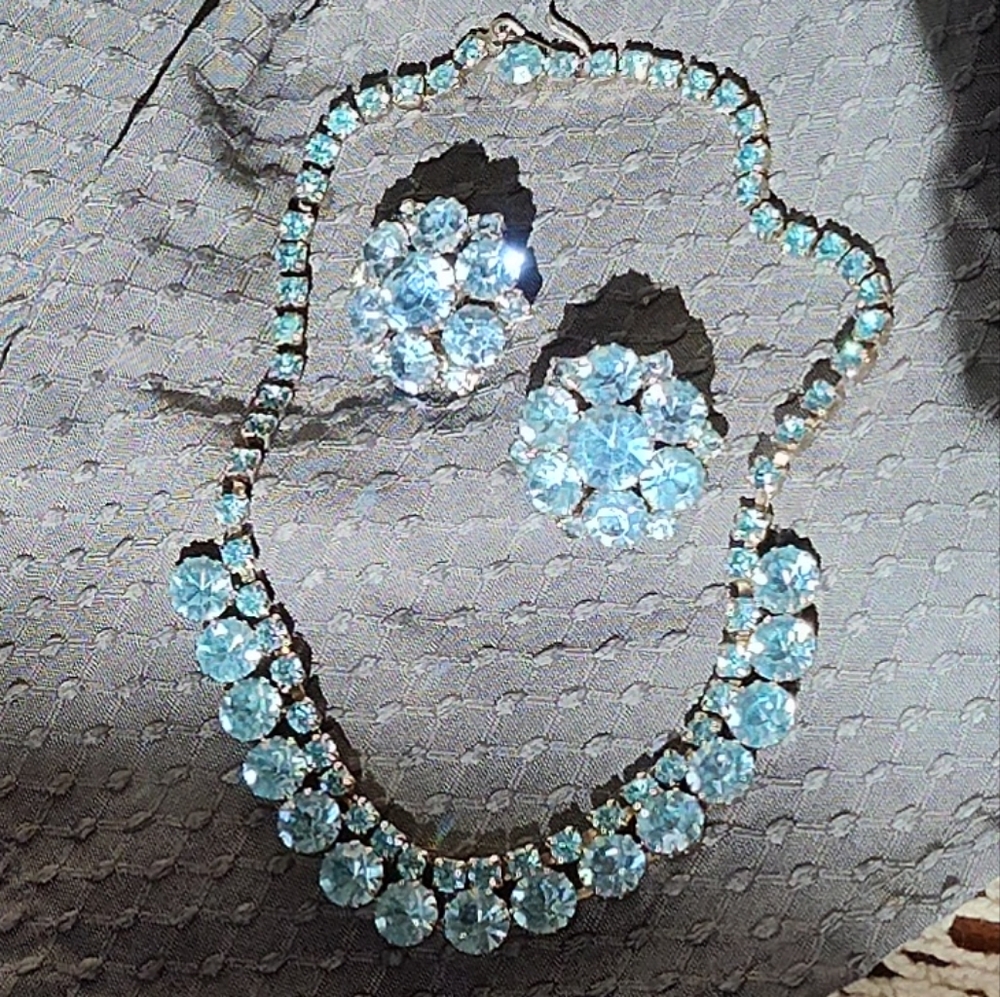 Vintage Ice Blue Crystal Demi-Parure Necklace and Earrings Set